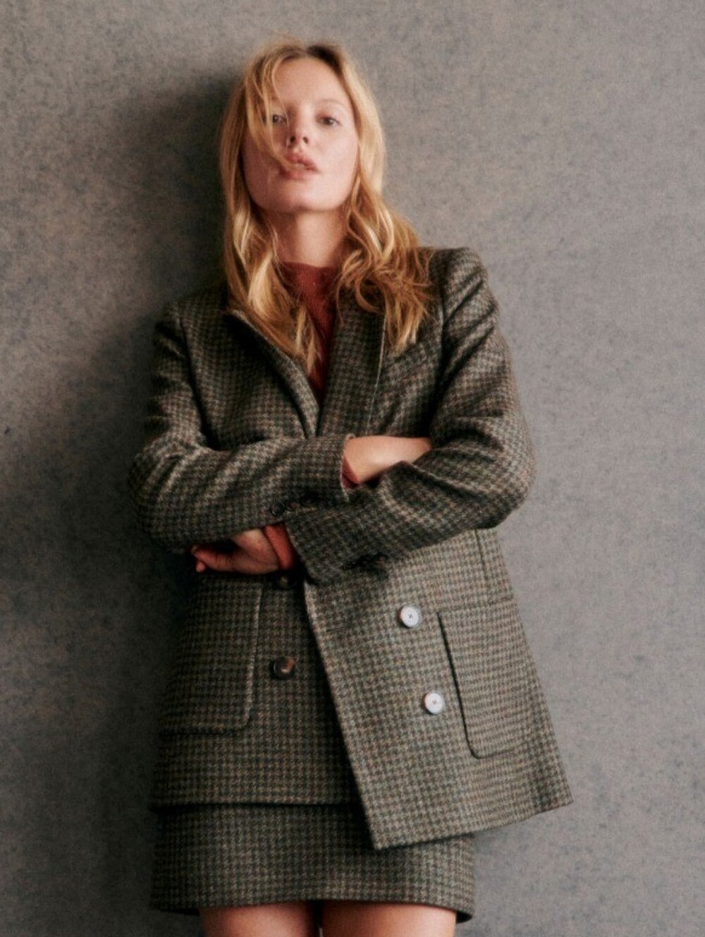 *NWT* [Sezane] Michele Jacket In Khaki Houndstooth, Size 4, 100% Wool